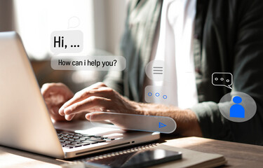 Man hand using digital chatbot for provide access to information and data in online network.Artificial intelligence, representing AI communication and virtual customer service.