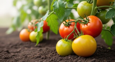 Fresh ripe tomatoes growing on the vine in garden
