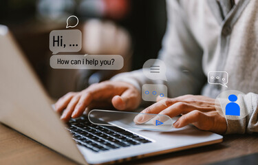 Man hand using digital chatbot for provide access to information and data in online network.Artificial intelligence, representing AI communication and virtual customer service.