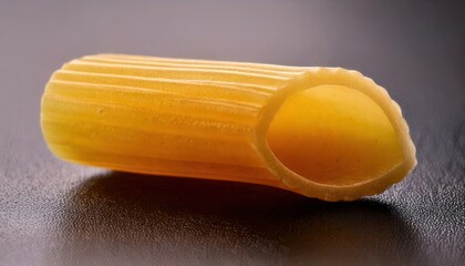 Close-up of a single piece of rigatoni pasta on dark surface.