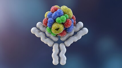 Detailed 3D rendering of an antibody molecule complex for scientific visualization