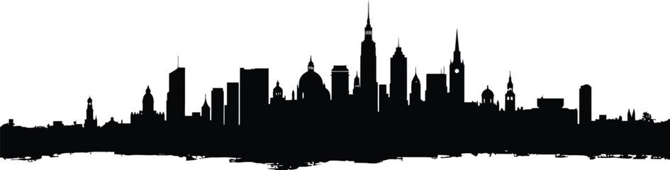 Panoramic city skyline silhouette with diverse architectural landmarks