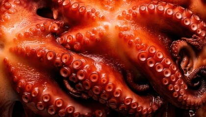 Close-up of Cooked Octopus Tentacles - A Culinary Seafood Delicacy.