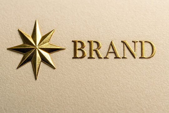 Elegant Gold Embossed Eight-Pointed Star Symbol with 'BRAND' Text on Textured Beige Background &ndash; Luxury Logo Design for Premium Identity, Corporate Branding, Packaging, or Marketing