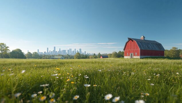 Red barn on agricultural land with green meadow and wildflowers while a city skyline appears far away under a bright clear sky