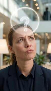 Thoughtful Businesswoman with Question Mark Symbol Representing Decision Making, Problem Solving, Uncertainty Strategy and Professional Thinking Concept. Vertical video
