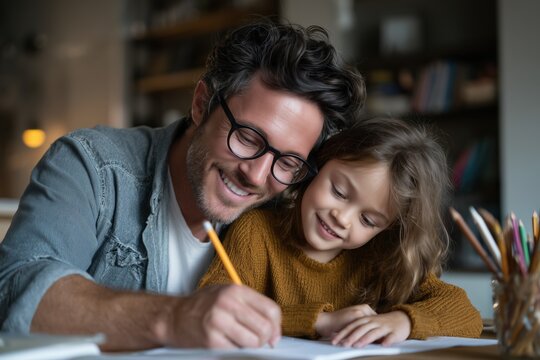 Handsome dad helping his little daughter with homework at home, smiling father wearing glasses doing school project or writing in a notebook.