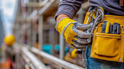 A worker's hands holding a wrench and wearing yellow gloves