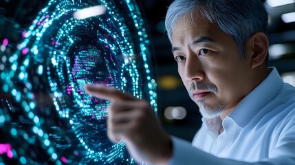 Asian businessman interacting with holographic data visualization in modern tech environment for digital transformation and innovation concepts.