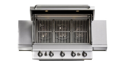 A stainless steel commercial grill with a hood and multiple burners