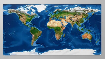 Detailed topographic world map with enhanced ocean bathymetry visualisation
