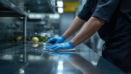 Food service worker cleaning stainless steel table in industrial kitchen showing hygiene maintenance