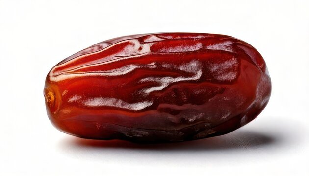 Close-up of a single, glossy, reddish-brown date fruit.