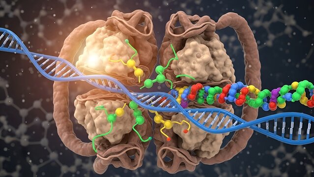 Illustration depicting DNA molecule interacting with ribosomes for protein synthesis