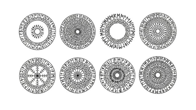 Intricate ancient circular runes engravings showing mystical symbols and cryptic designs