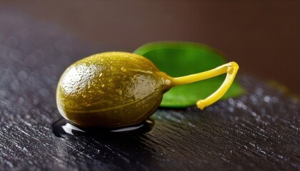 Close-up of a Single Caper Berry with Leaf on Dark Surface.