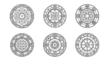 Set of six mystical magical symbols and alchemical circles with intricate geometric designs and © @_ greta