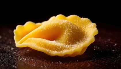 Close-up of a single tortellone pasta on a dark wooden surface.