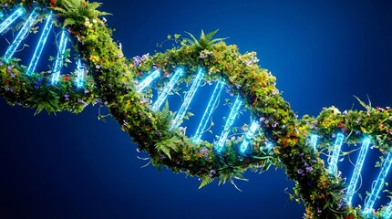 Glowing blue DNA double helix wrapped in lush greenery and colorful flowers