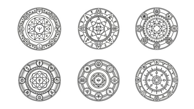 Set of six mystical magical symbols and alchemical circles with intricate geometric designs and