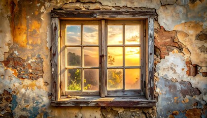 Obraz premium Old wooden window with peeling paint and rustic texture, illuminated by warm afternoon light, creating a nostalgic vintage atmosphere rich in character and aged architectural detail.