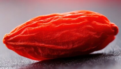 Close-up of a vibrant red goji berry on a dark surface.
