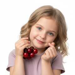 Adorable little girl holding fresh red cherries, concept of healthy organic nutrition and joyful childhood summer snack on white background