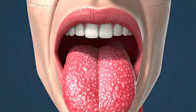 Close-up anatomical view of a human mouth with a red, textured tongue extended.