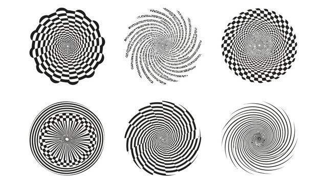 Optical illusion patterns featuring spirals and geometric designs for visual perception effects
