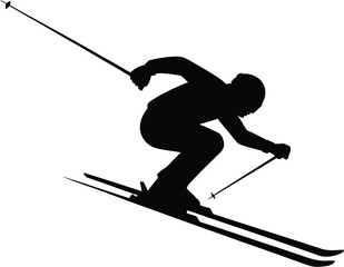 Downhill skier silhouette isolated on white background for winter tourism