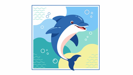 A cheerful cartoon blue dolphin with a white belly jumping out of the water, set against a vibrant abstract background with waves and bubbles. © Tutorialxxx18