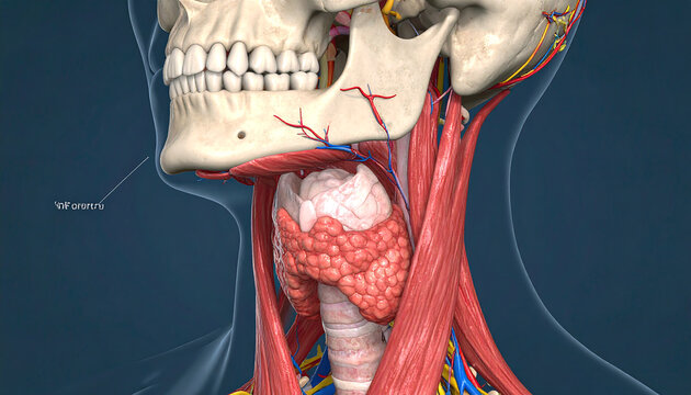 Detailed 3D anatomical illustration of the human neck showing the thyroid gland, trachea, muscles, and blood vessels with the jawbone.