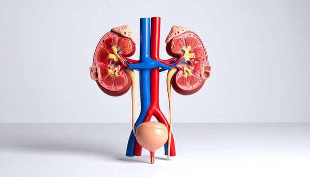 Anatomical 3D model of the human urinary system showing kidneys, arteries, veins, ureters, and bladder on a white background.