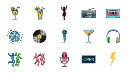 Collection of colorful music and dance themed icons including microphones records and sports in a