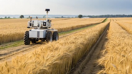 Fototapeta premium Autonomous Harvest Robotic Vehicle Operating in Wheat Field for Modern Agriculture