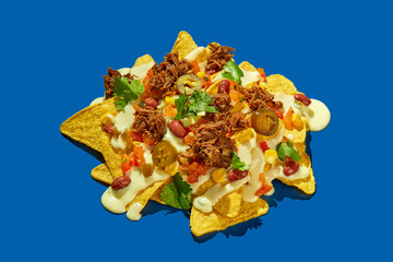 Baked nachos Corn chips with chili con carne, mexican food