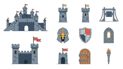Collection of medieval castle and fortress icons with towers defensive structures and gate elements © @_ greta
