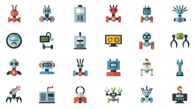 Collection of playful cartoon robot characters showcasing various designs and accessories in a