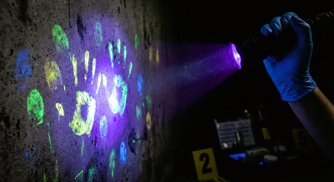 Forensic Investigator Using UV Light to Reveal Glowing Handprints