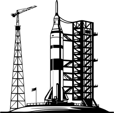 Space Rocket on Launch Pad Black and White Vector Illustration