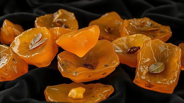 copal. Several raw amber copal resin pieces on black velvet with ancient inclusions. gardening catalogs, home-decor guides, designed for home decor and floral branding, used by video editors.