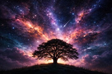 Solitary tree silhouette on a grassy hill beneath a vibrant cosmic nebula sky filled with stars, colorful clouds, and a bright shooting meteor