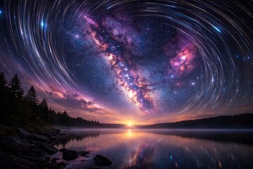 Star trail arcs around a bright Milky Way galaxy over a calm lake at twilight, with forest silhouette and rocky shoreline reflections