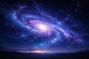 Luminous spiral galaxy swirling across a star-filled night sky above distant mountains, glowing cosmic core and nebulae in deep space panorama