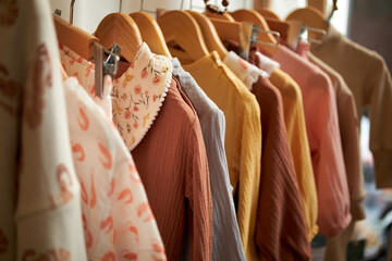 Women's clothing on hangers made of natural fabrics, calm pastel colors in an eco-friendly and retro style.