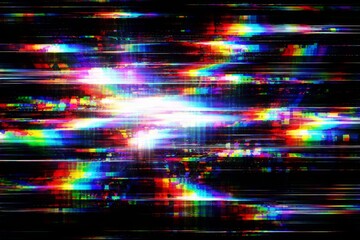 Abstract multicolor digital glitch background with bright central burst, horizontal scanlines, distorted pixels, and chromatic noise streaks