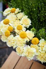 Stalls with flowers and bouquets at local street market