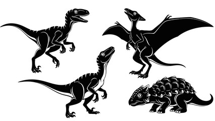 Four black silhouettes of various prehistoric dinosaurs including raptors, a pterodactyl, and an armored dinosaur, isolated on a white background. © Tutorialxxx18