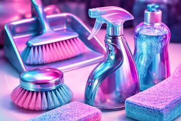 Neon-lit kitchen cleaning supplies with spray bottle, sponges, dish soap, and scrub brushes arranged for household sanitation and hygiene