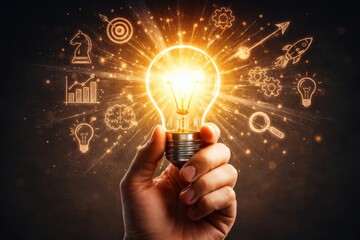 Hand holding a glowing lightbulb with radiant sparks and sketched innovation icons, symbolizing creativity, ideas, problem-solving, and inspiration